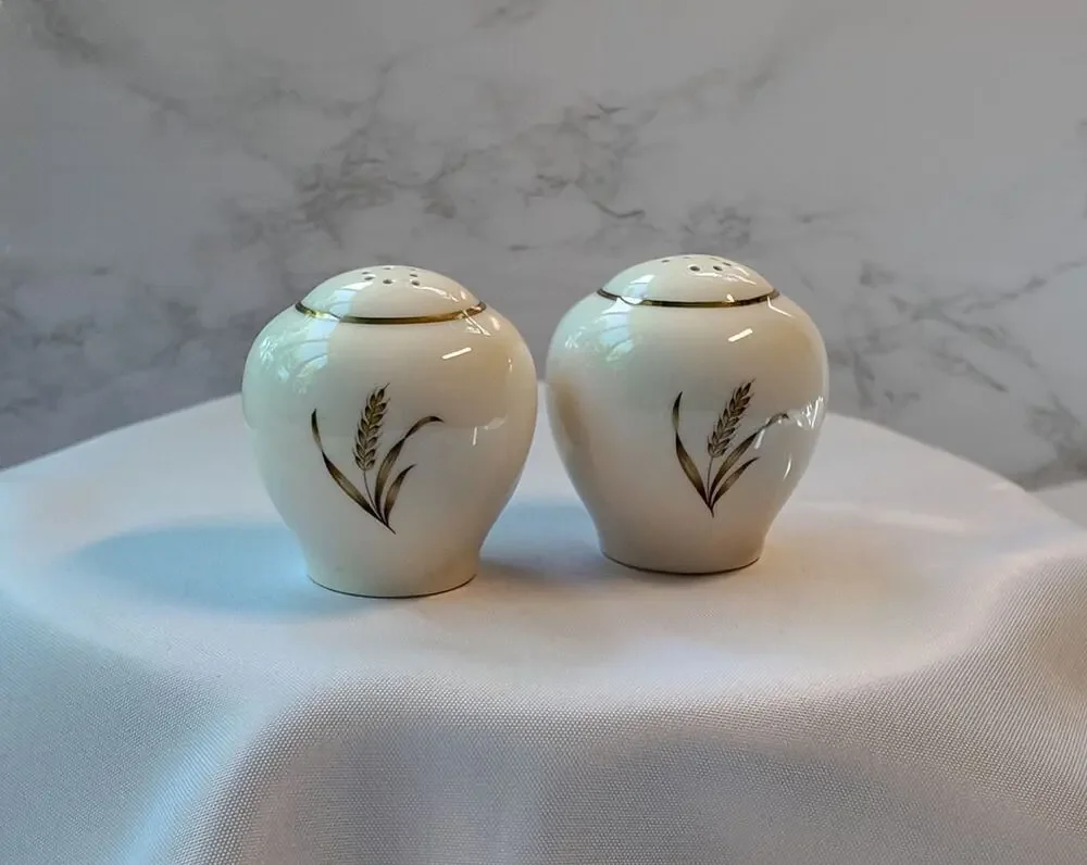 Vintage MCM Wheat Salt and Pepper Shakers Cream Porcelain Gold Trim Functional